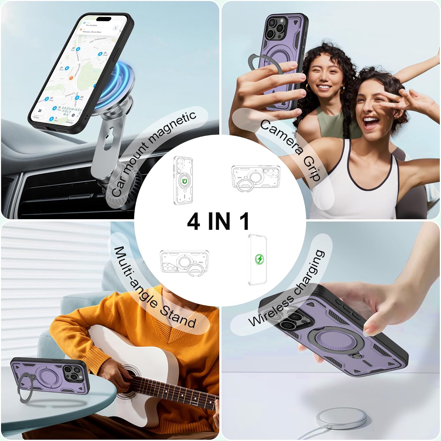 Thumbnail 5 de Jshru 3 in 1 Magnetic iPhone 15 Pro Max Case (Purple) with Built-in Stand and 2-Pack HD Screen Protectors