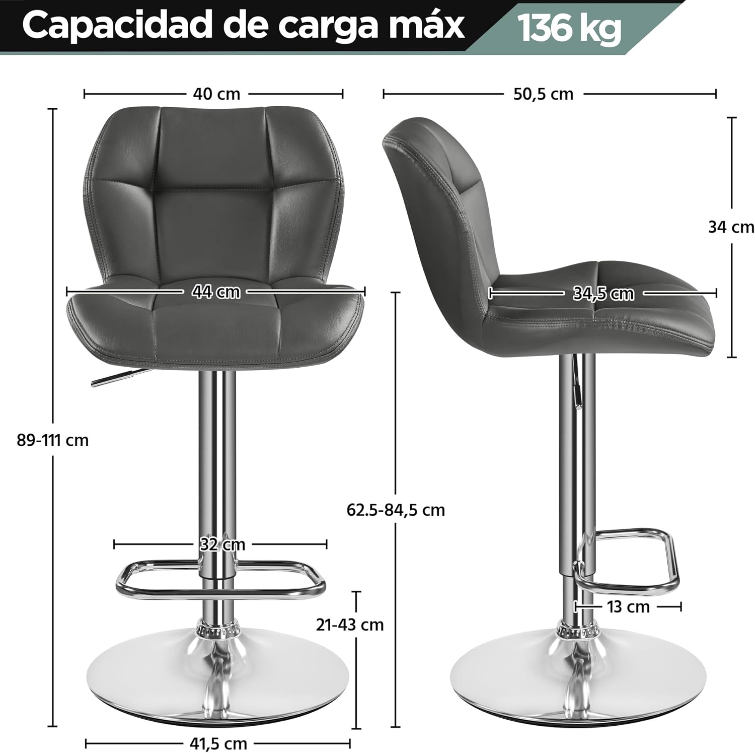 Detalle 1 de Yaheetech Taburete de Barra ajustable 89-111 cm