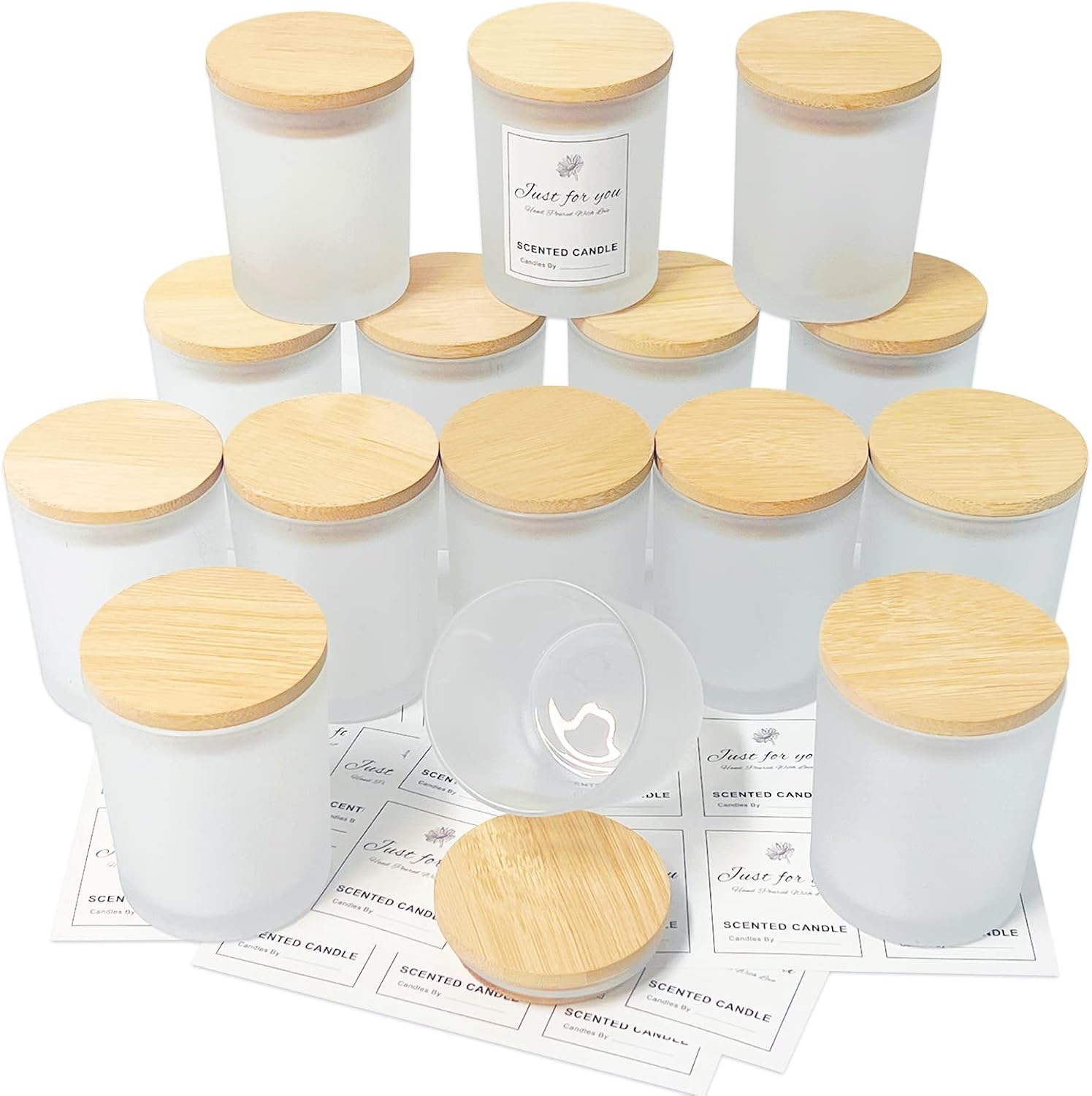 Detalle de CONNOO JLZG-008 7 oz Frosted Glass Candle Jars with Bamboo Lids, 15-Pack