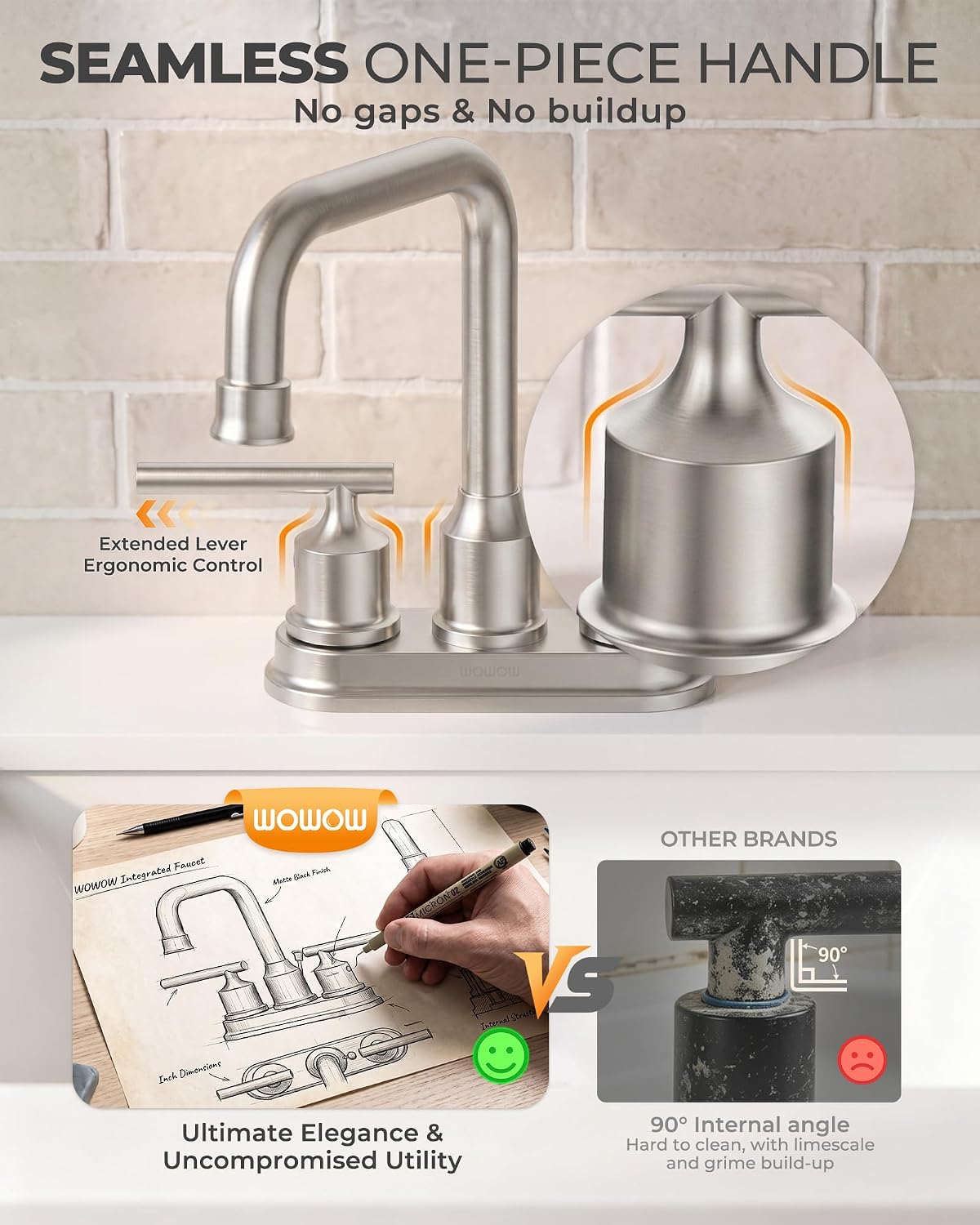 Detalle 2 de WOWOW 2320200-AMUS Brushed Nickel Centerset Bathroom Faucet, 3-Hole