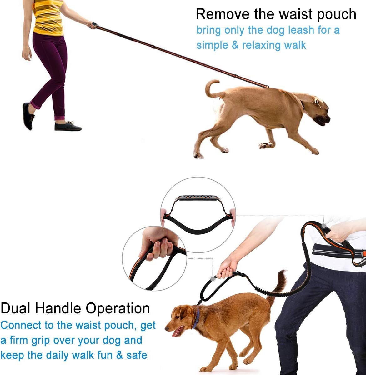 Detalle de Philorn Hands Free Dog Lead with Phone Pouch: Extendable 47"–67", Dual Handle, Reflective & Waist Pack
