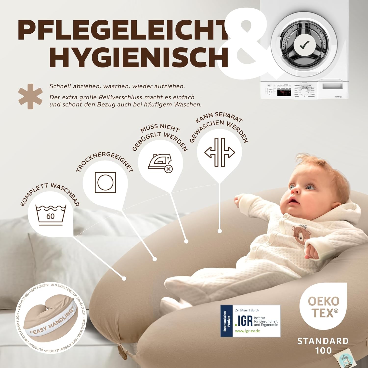 Thumbnail 4 de sei Design Stillkissen XXL 190x35 cm – Ergonomisch zertifiziert, waschbar, mit Faserbällchenfüllung und Premium-Jersey-Bezug
