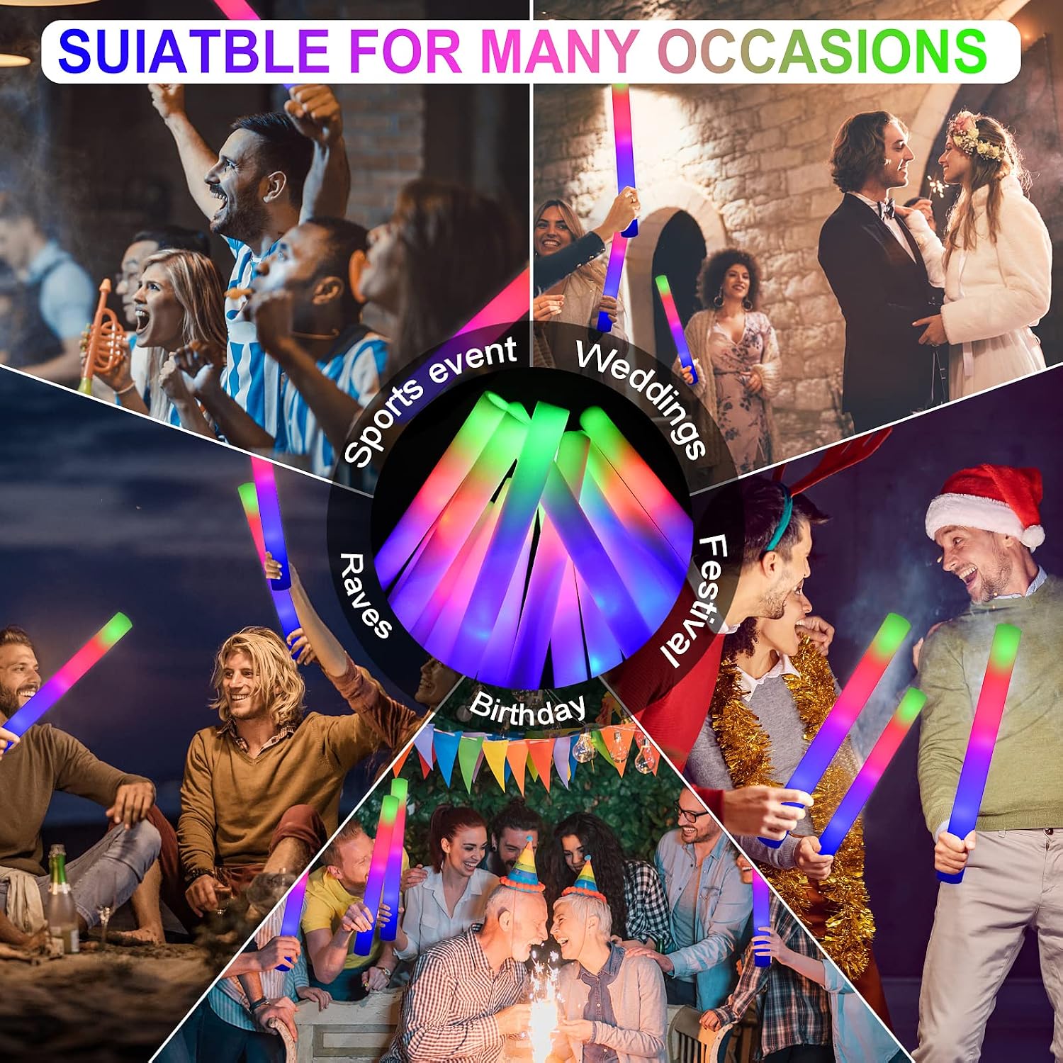 Detalle de LifBetter Glow Sticks Bulk (20 Pack) LED Foam Sticks with 3 Flashing Modes for Parties, Festivals, and Raves