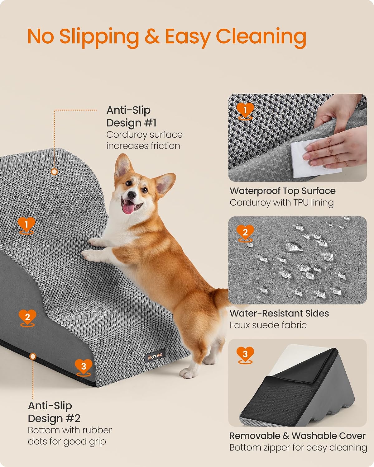 Thumbnail 4 de Feandrea 3-Step Dog Stairs (Dove Grey) with Removable Waterproof Cover – Gentle Slope PPS013GD01