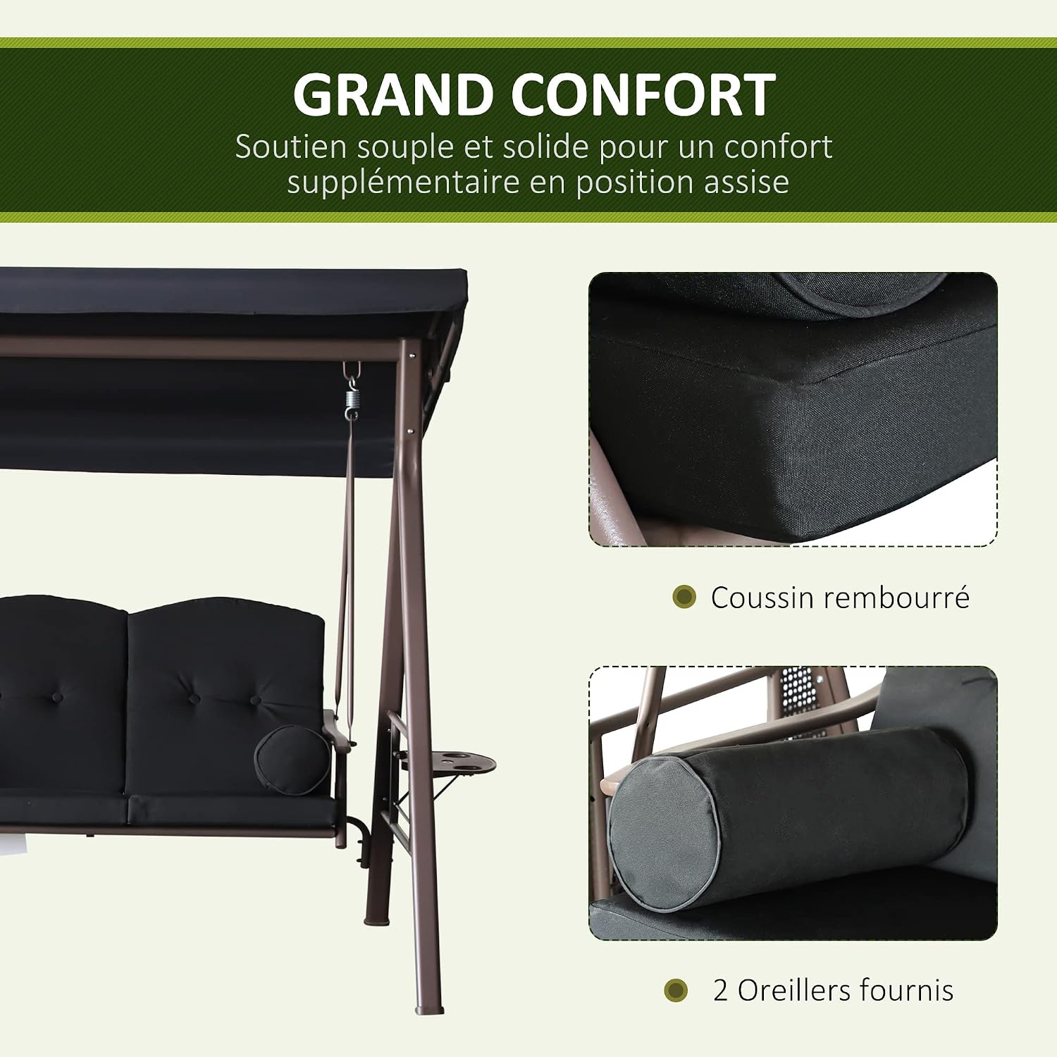 Thumbnail 4 de Outsunny Balancelle de Jardin 3 Places Grand Confort avec Toit Inclinaison et Coussins
