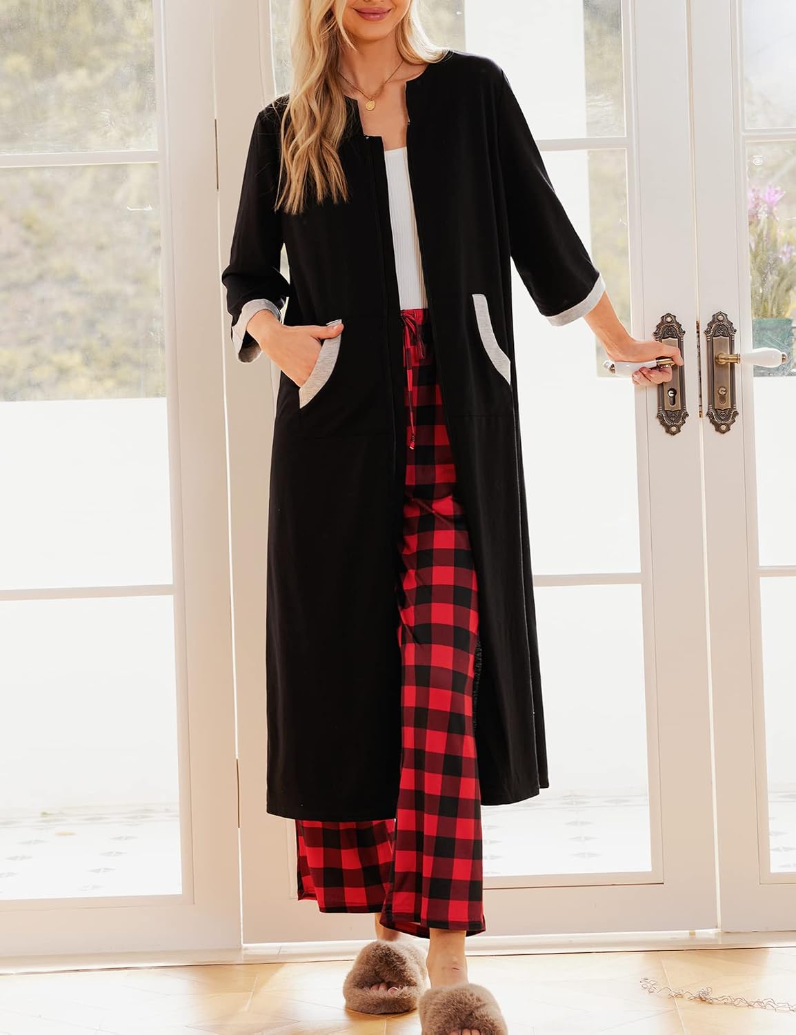 Detalle de Ekouaer Women's Full-Length Zip-Front Robe with 3/4 Sleeves and Pockets