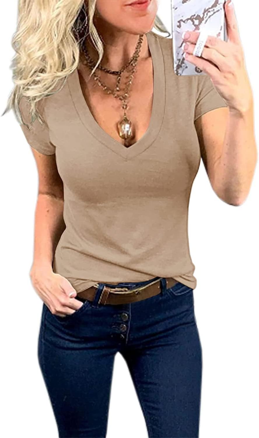 Thumbnail 3 de Fessceruna Damen T-Shirt mit V-Ausschnitt, Kurzarm, Slim Fit (Sommer Basic)