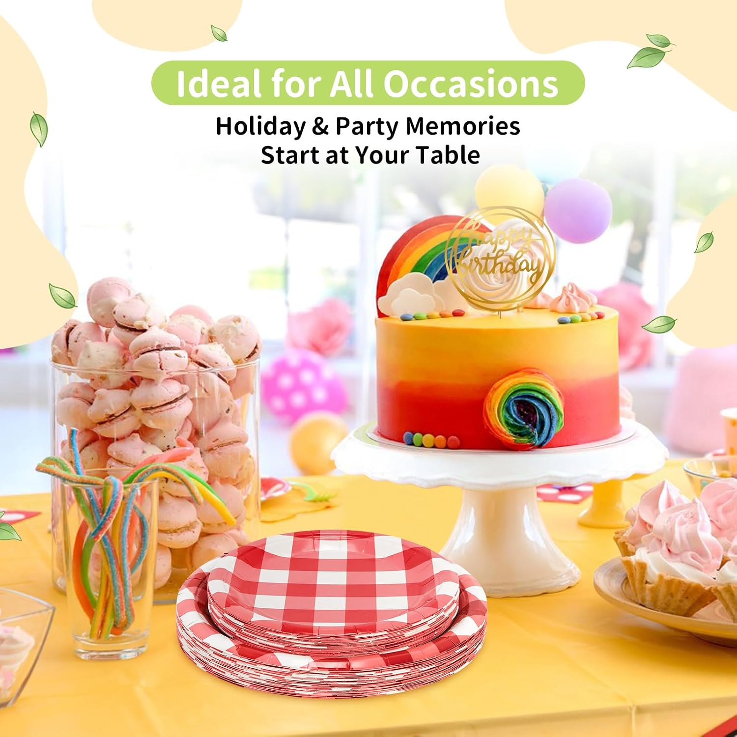 Thumbnail 1 de LANLISA 50 Red Gingham Paper Plates Set – 25 x 7" Dessert Plates & 25 x 9" Dinner Plates