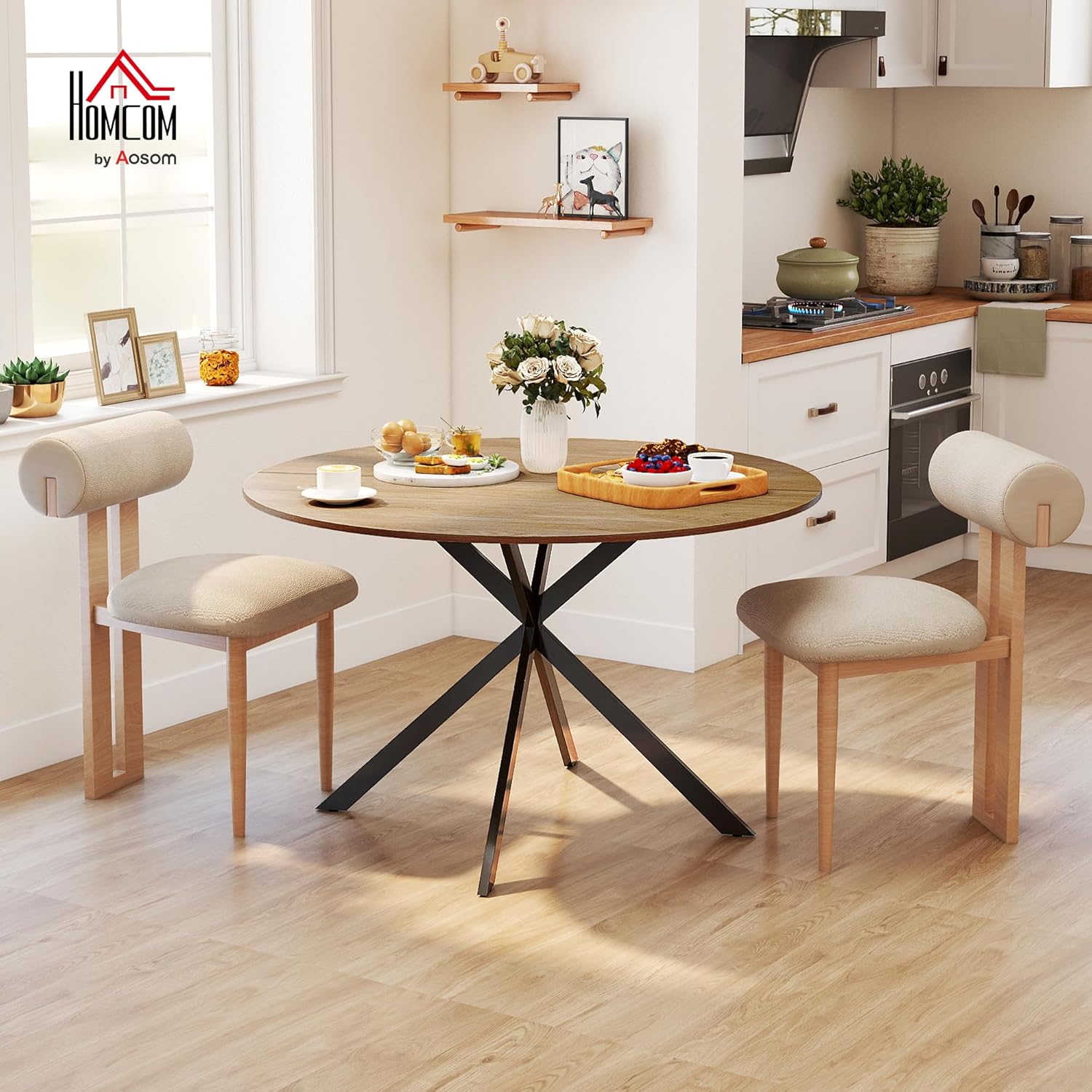 Thumbnail 1 de HOMCOM Table à Manger Rond 120 cm pour 4 Personnes – Style Industriel avec Plateau Bois et piètement Croisé en Acier (Chêne)