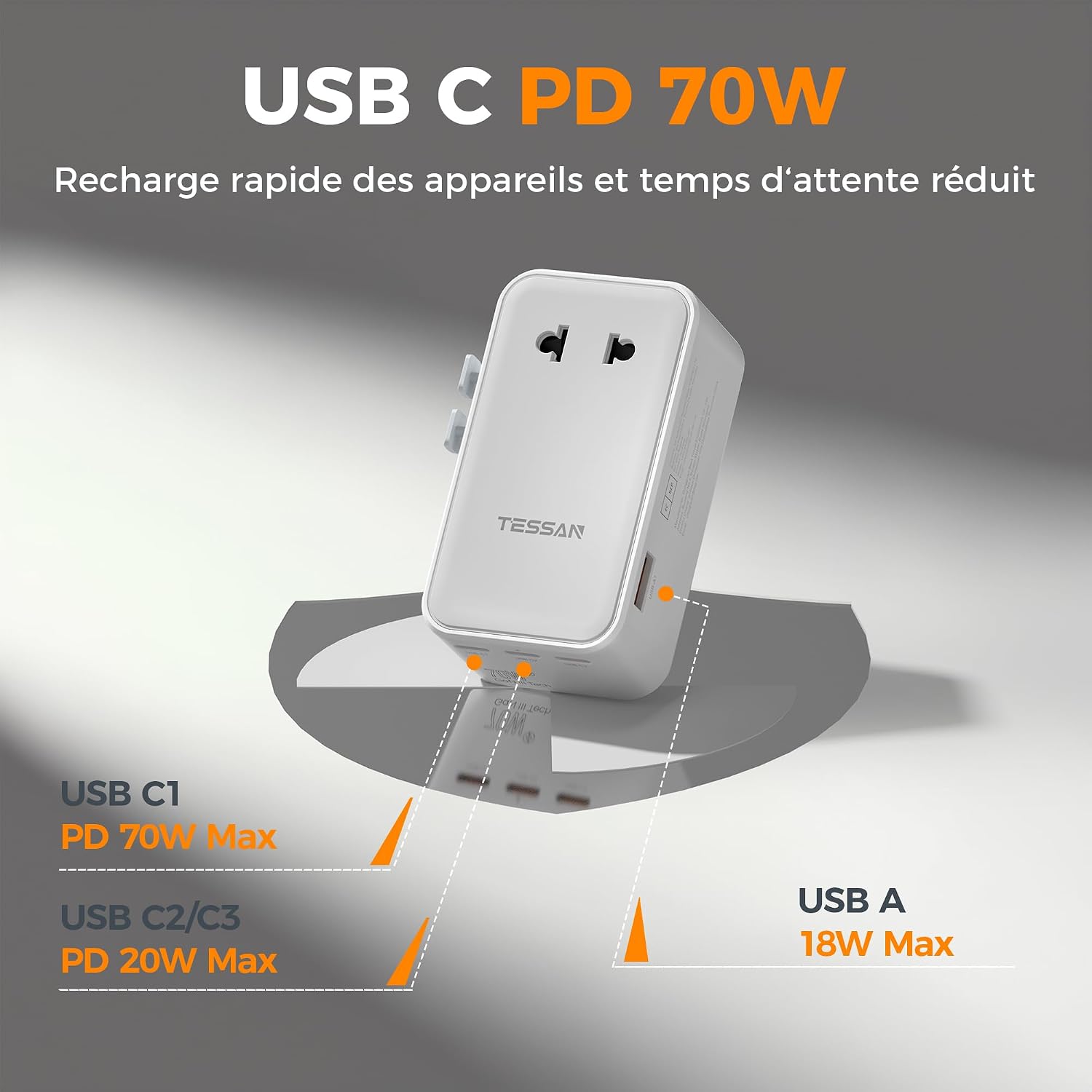 Detalle 2 de TESSAN Adaptateur Prise Universelle PD 70W – 5 en 1, Compact et Polyvalent pour Voyage