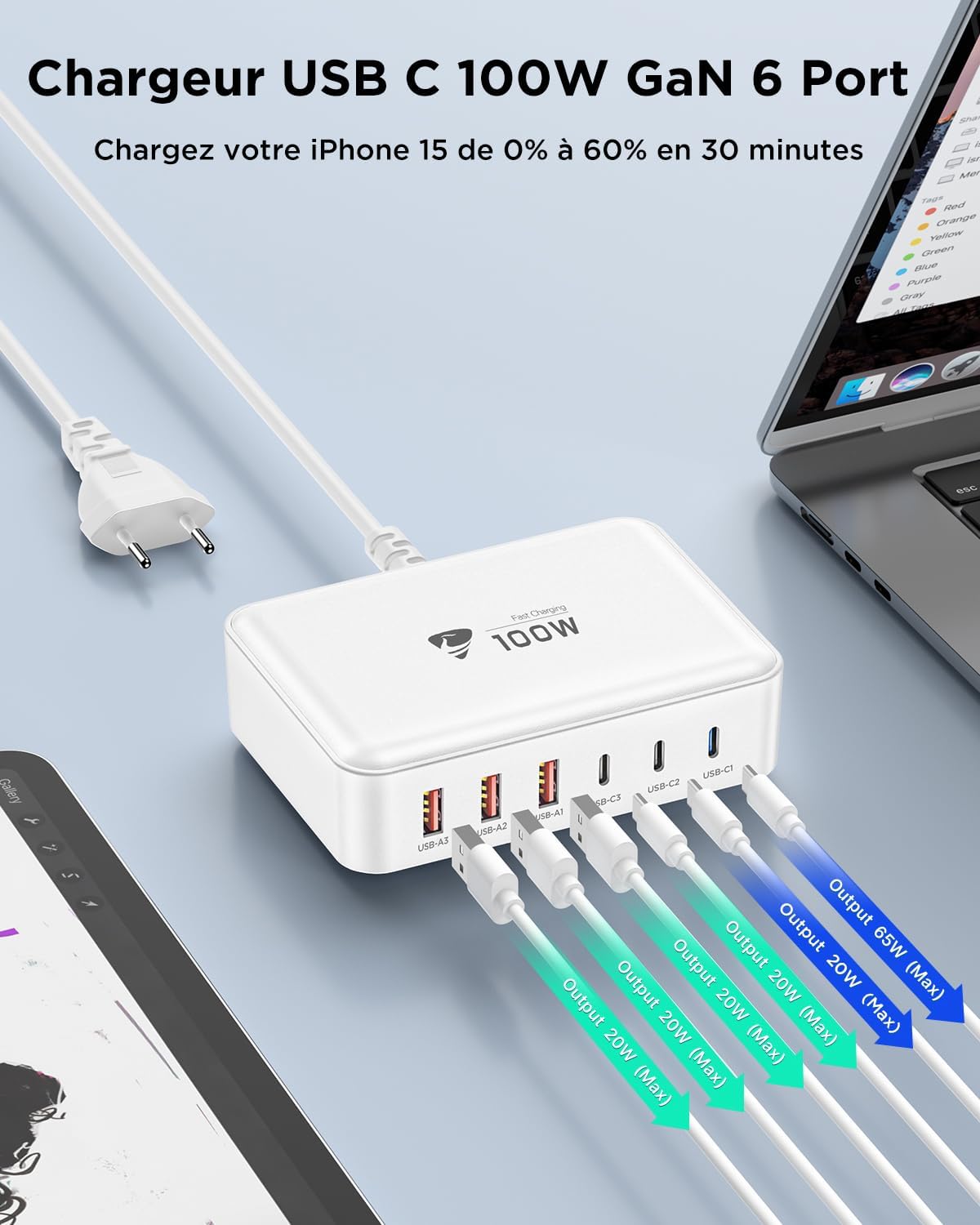Thumbnail 1 de Chargeur USB-C 100 W 6 ports Aioneus (3 USB-C + 3 USB-A) avec charge rapide
