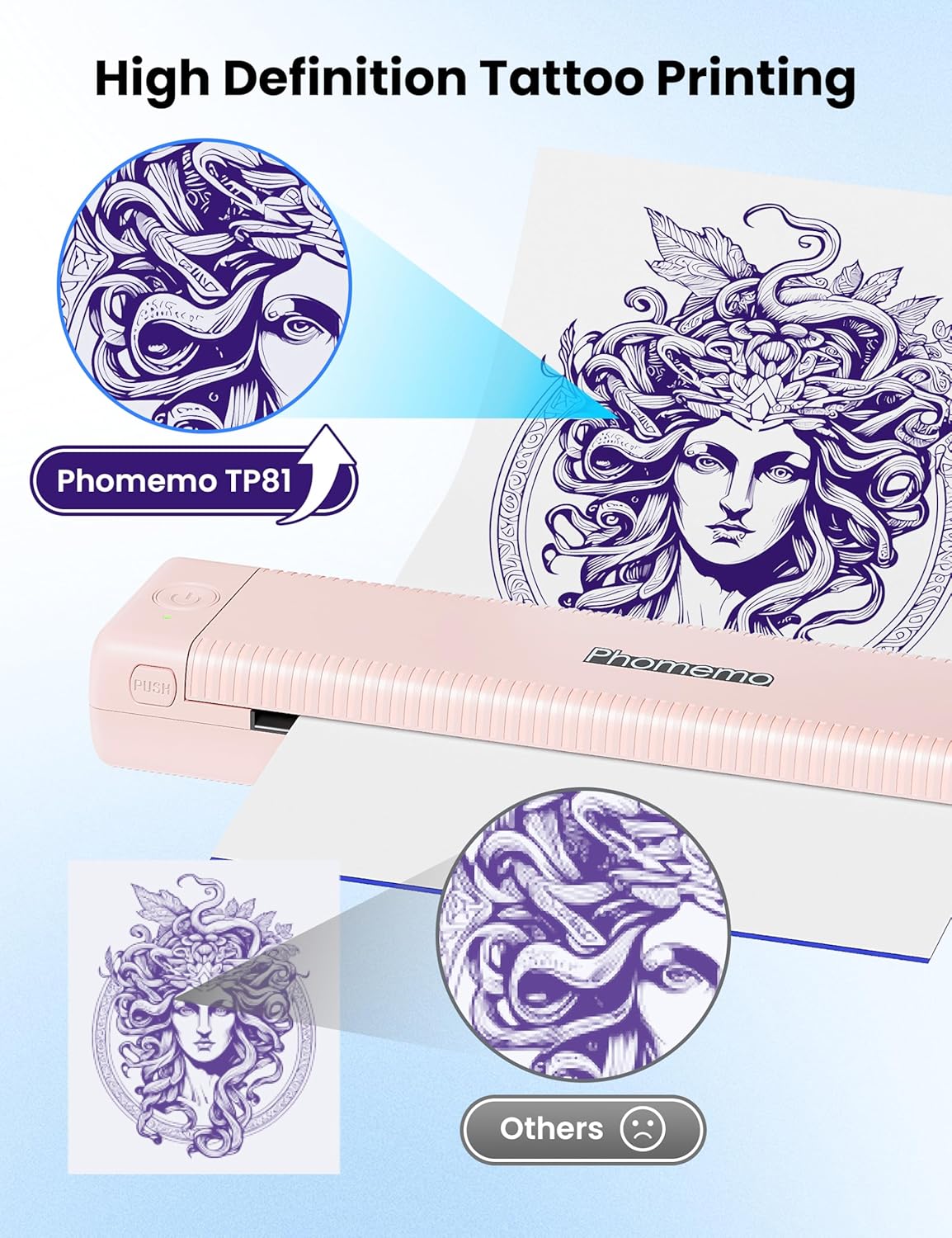 Thumbnail 4 de Phomemo TP81 Tattoo Printer (Stencil Printer) with 10 Tattoo Stencils Papers – Thermal Thermal Printer for Home or Studio, Pink