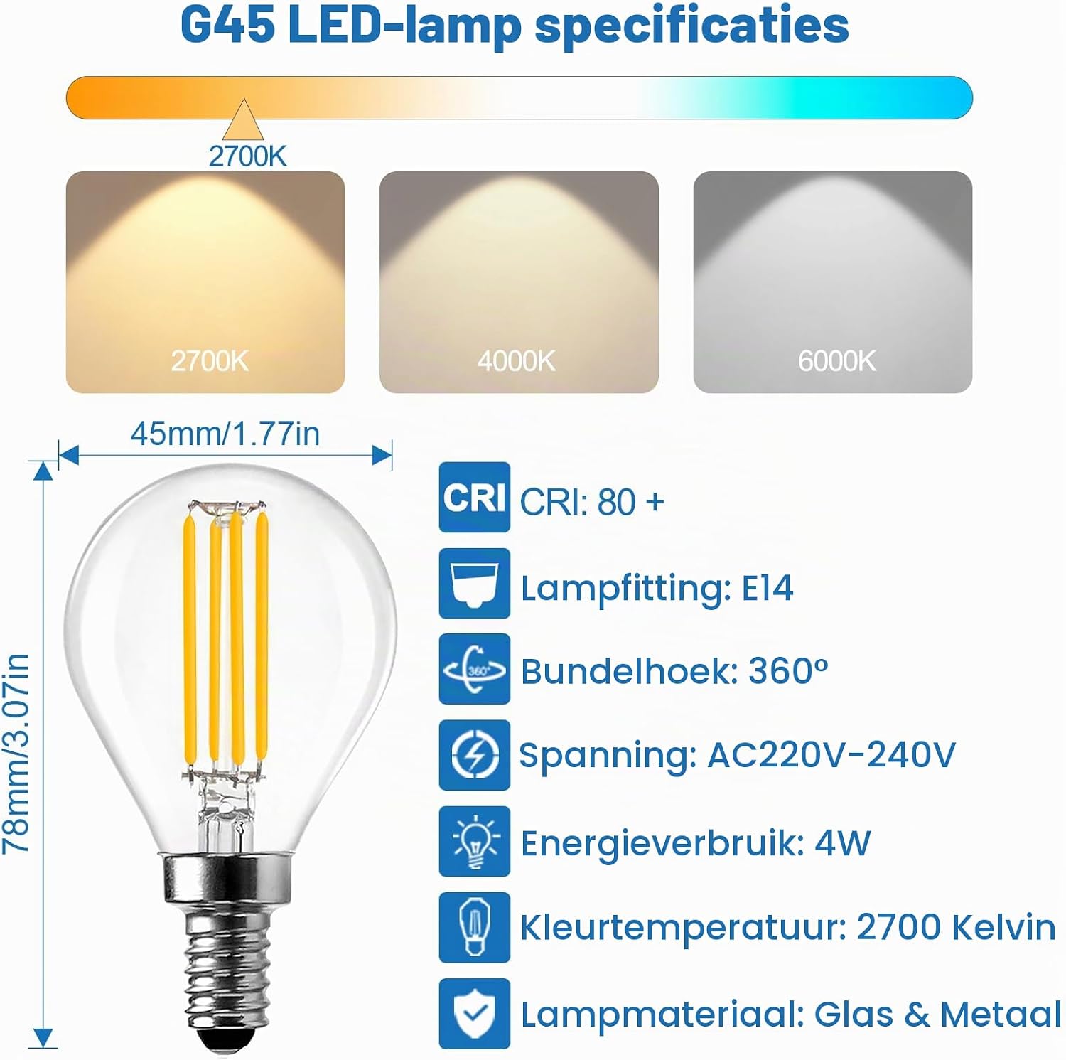 Detalle 2 de LangPlus+ LM-FM-G45 E14 LED-filamentlampen, dimbaar, G45, 4 W, 4-pack