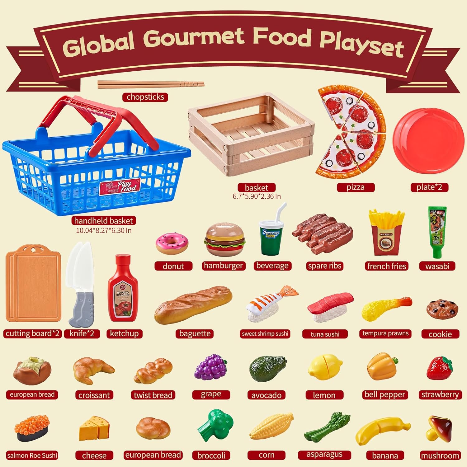Thumbnail 6 de Spiellebensmittel-Set für die Kinderküche – Internationale Küche mit Schneidespielzeug-Lebensmitteln (Pizza, Sushi, Gebäck) inklusive 2 Körben