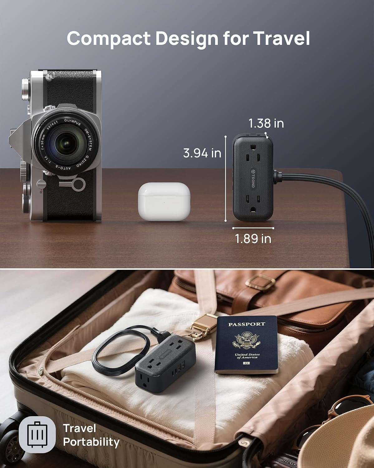 Detalle 2 de TROND TD-PS-US15SX Power Bar with 360° Rotating Plug, 4 Outlets & USB Ports