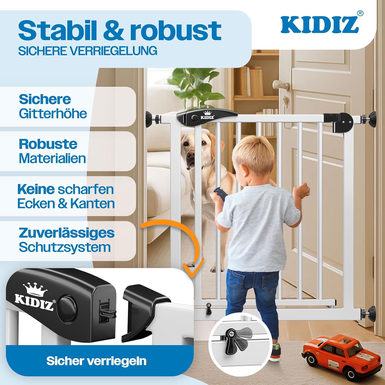 Detalle de KIDIZ Treppenschutzgitter ohne Bohren – verstellbare Breite 81–87 cm, 75 cm hoch, Türschutz- und Absperrgitter mit 90° Open-Stop