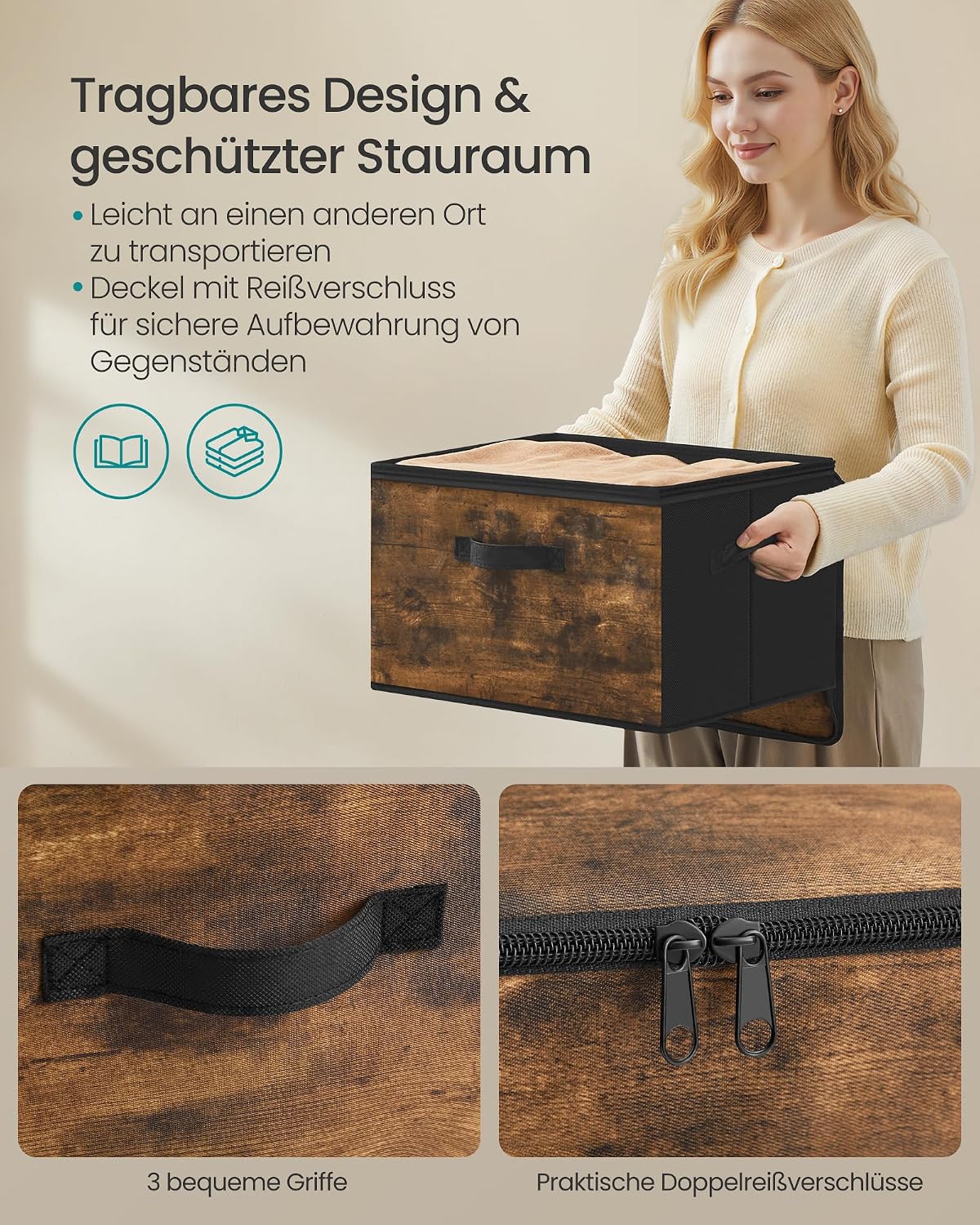Detalle de SONGMICS Aufbewahrungsbox mit Deckel (6er Set) faltbar, mit Griffen – Vliesstoff, vintagebraun RYZ103BH03, 40 x 30 x 25 cm