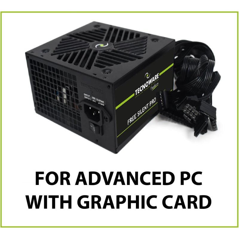 Detalle de Tecnoware Free Silent Pro ATX 650W, fuente con ventilador silencioso y conectores PCI-E