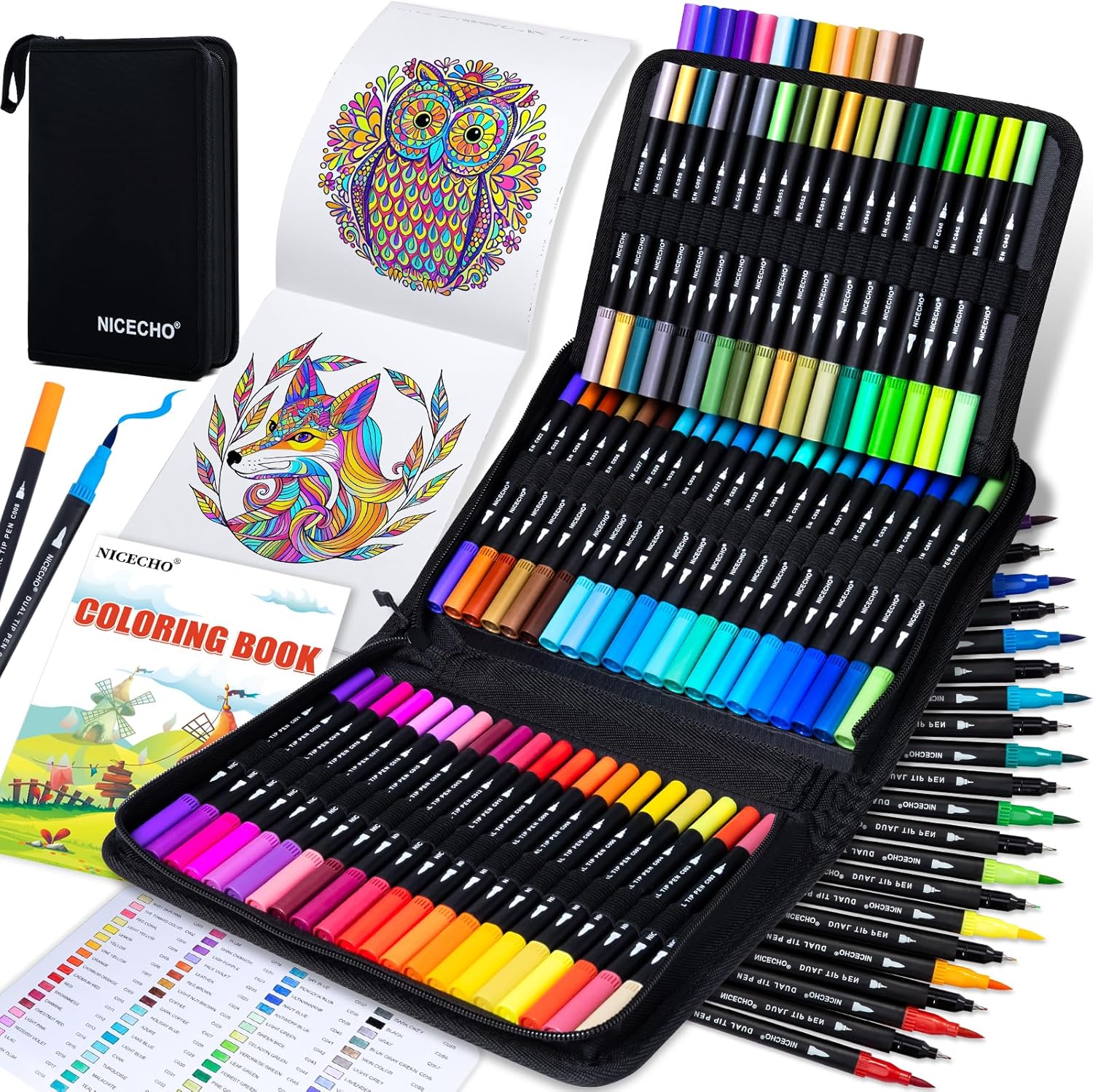 Detalle de Nicecho 72-Color Dual-Tip Art Markers with Brush and Fine Tips, Carrying Case