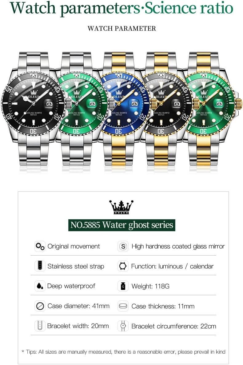 Detalle 2 de OLEVS Herrenuhr klassisch, Datum, Edelstahl, grün/schwarz/blau – 41 mm, wasserdicht