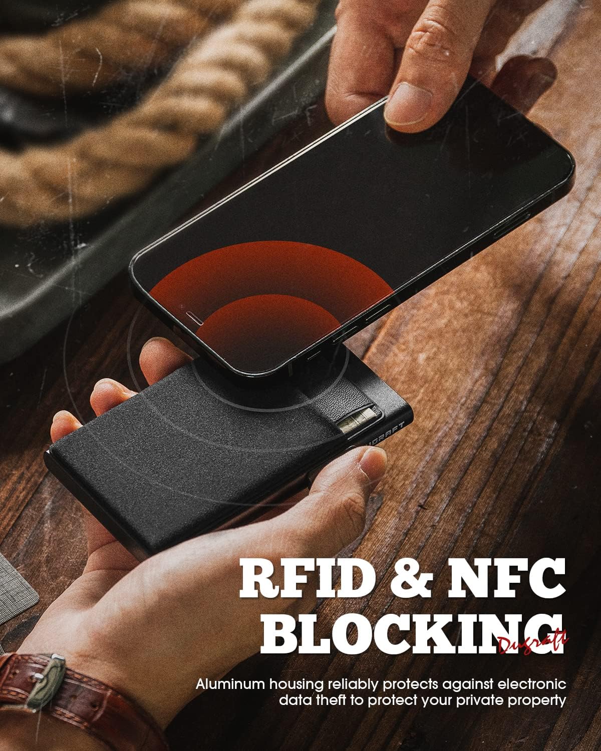 Thumbnail 3 de DUGRAFT Portefeuille homme anti-RFID en métal avec système d’éjection rapide, poche monnaie et étui cadeau (noire)