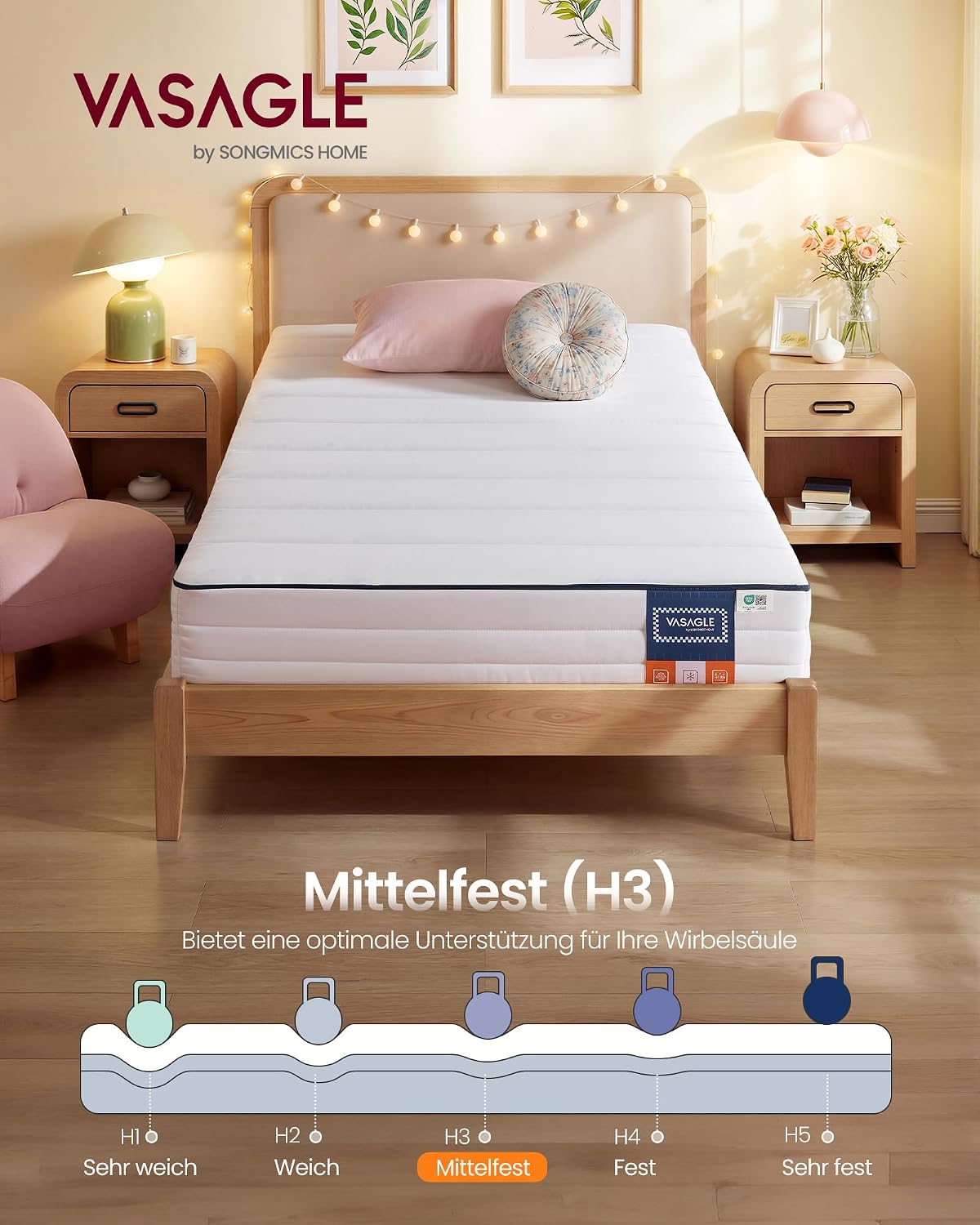 Thumbnail 1 de VASAGLE Matratze RMZ112W101 90 x 200 cm – Gel-Memory-Einzelmatratze, 7 Zonen, mittelfest (H3)