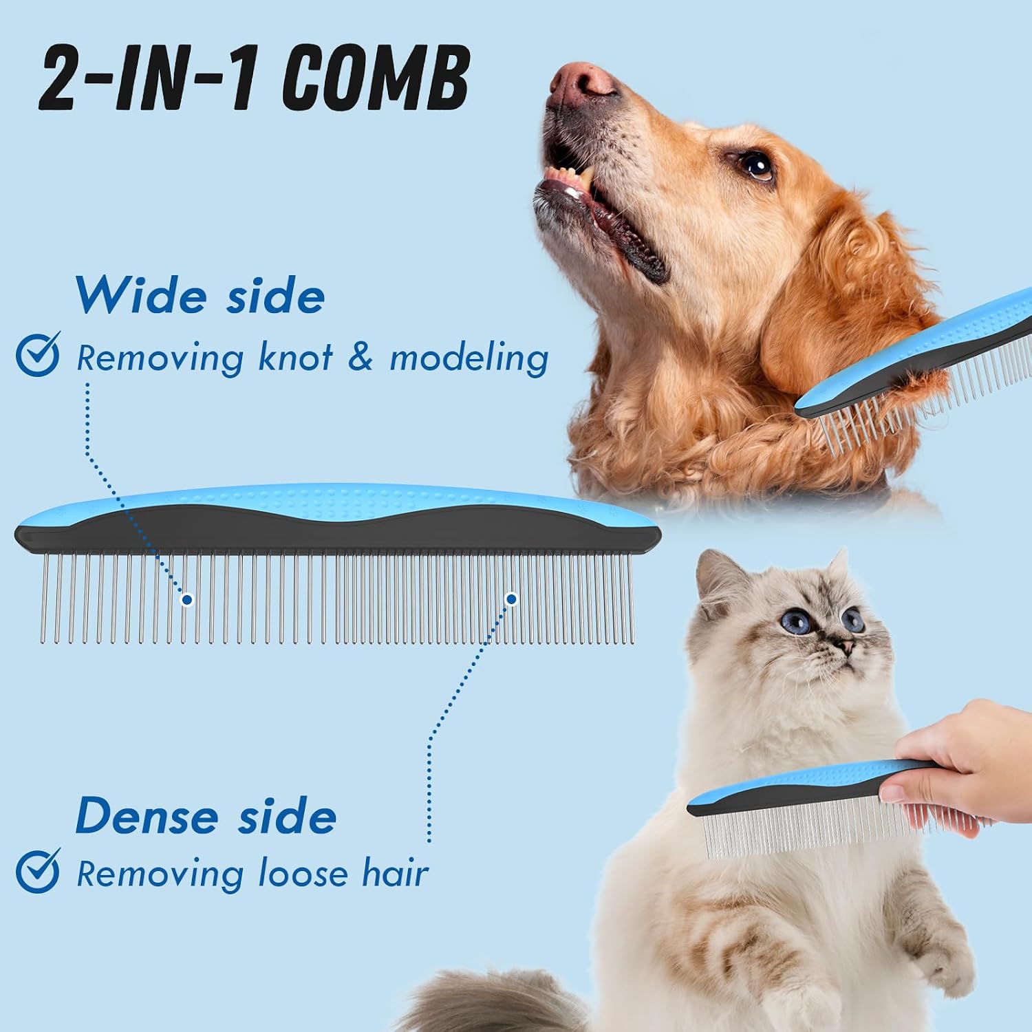 Thumbnail 2 de Docrok Pet Grooming Combo (Blue) Double-Sided Deshedding Brush + Metal Detangling Comb