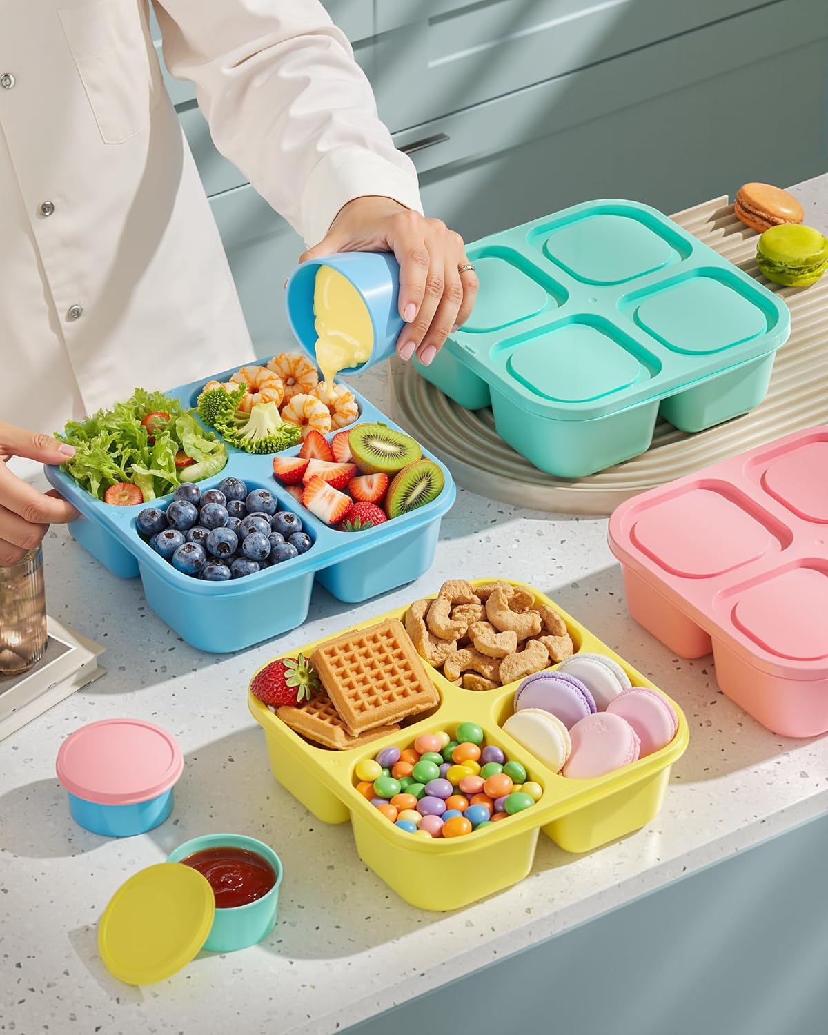 Thumbnail 6 de Canfanni 4-Piece Reusable Snack Box Containers Set with 4 Compartments and 2 Sauce Containers (BPA-Free, Stackable)