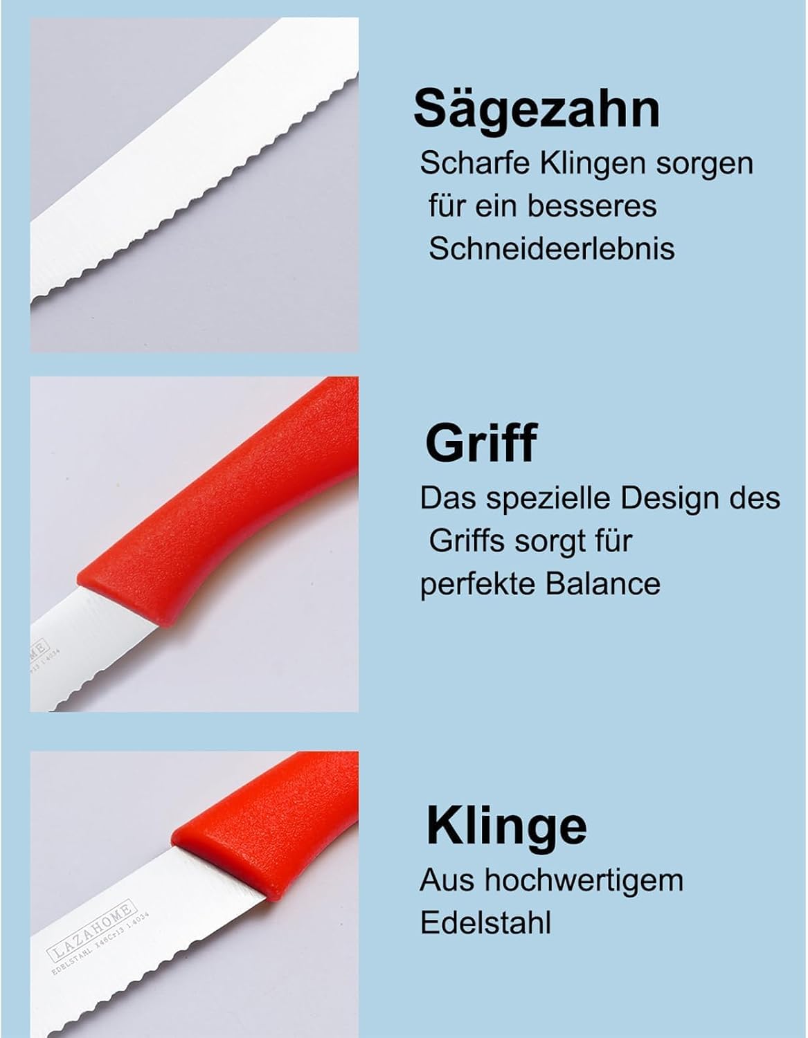 Detalle de LAZAHAOME Klassische Tafelmesser 6er-Set – Brötchenmesser mit roter, rostfreier Wellenschliff-Klinge, 23,2 cm, Kunststoffgriff
