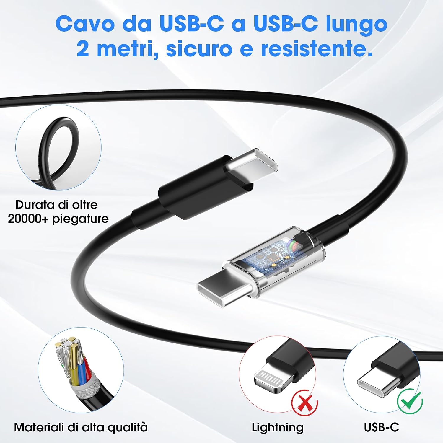 Detalle de Caricatore USB-C 45W a 2 porte (2 cavi da 2 m) – 2 Pack per Samsung e iPhone