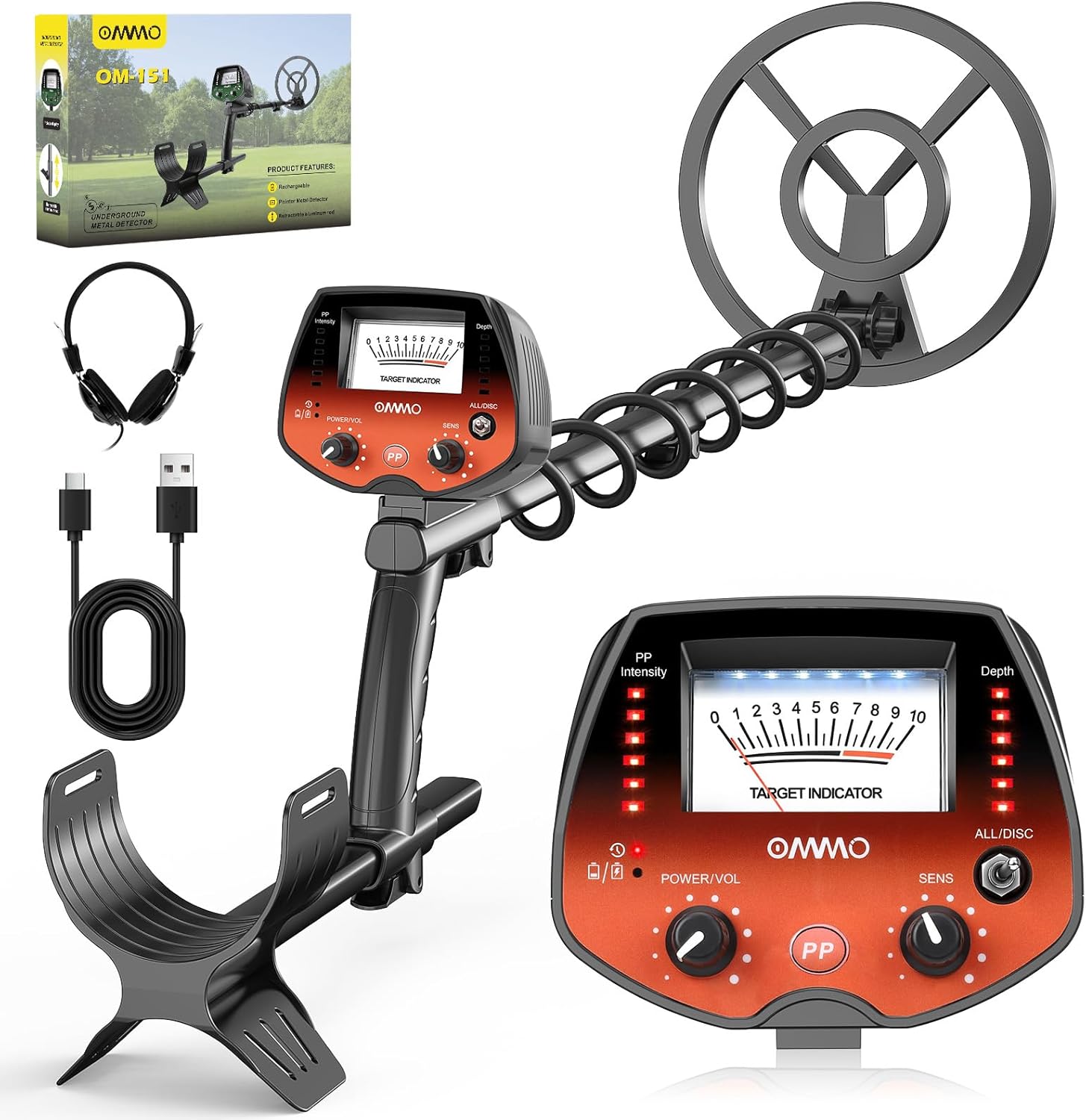 Detalle de OMMO Metal Detector Professionali per Adulti e Bambini – Pinpointer Ricaricabile USB, 3 Modalità e Bobina IP68