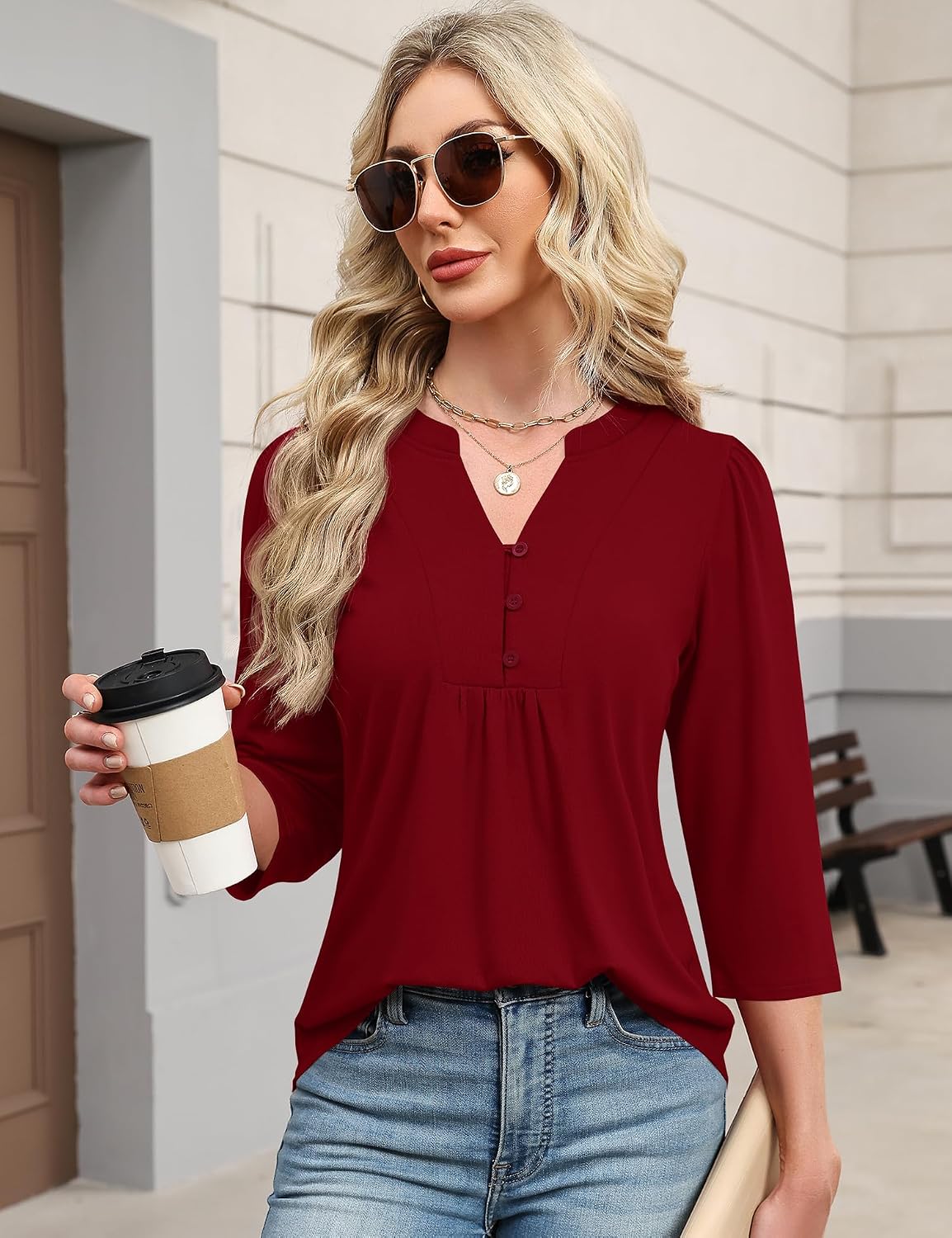 Detalle 2 de IECCP 3/4 Sleeve Henley V-Neck Top
