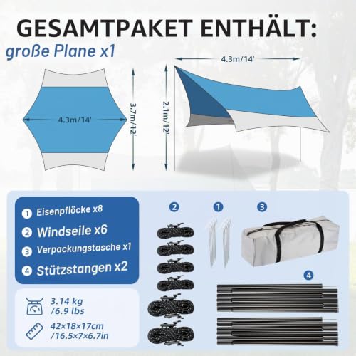 Detalle de Forceatt Zeltplane: 3,7 × 4,3 m Ultraleichtes Tarp aus 150D Oxford mit UPF50+, PU3000, blau