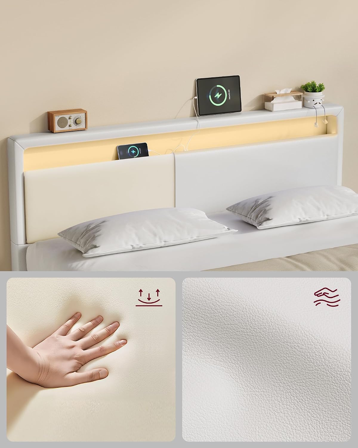 Thumbnail 5 de VASAGLE KACY RMB864W01 – rama łóżka 140 × 200 cm z LED i stacją ładującą