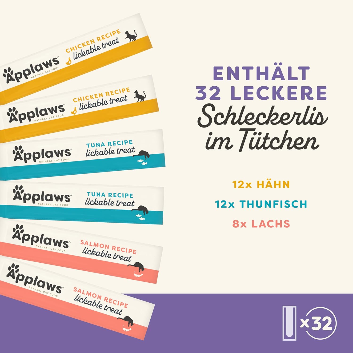 Detalle de Applaws 100% natürlicher, getreidefreier cremiger Katzensnack – 32 Beutel (4×8×15 g) mit Thunfisch, Lachs und Hähnchen