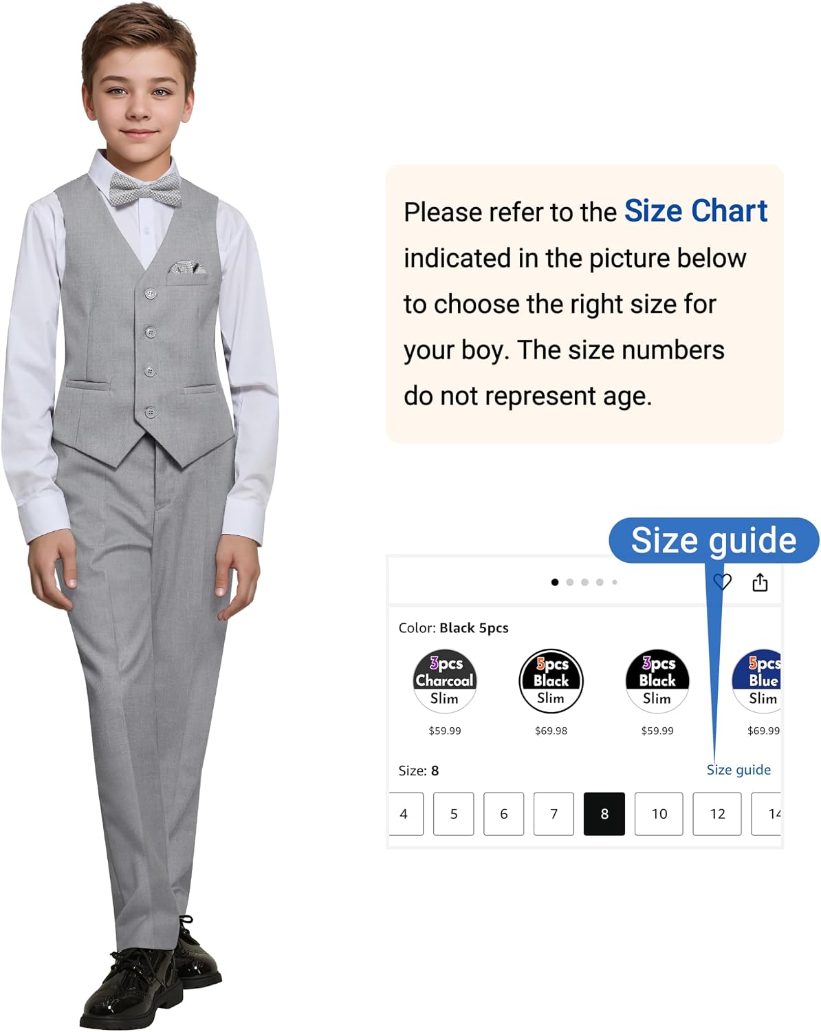 Detalle de Happy Dolphin Boys’ Formal Suit Set with Adjustable Waist for Weddings