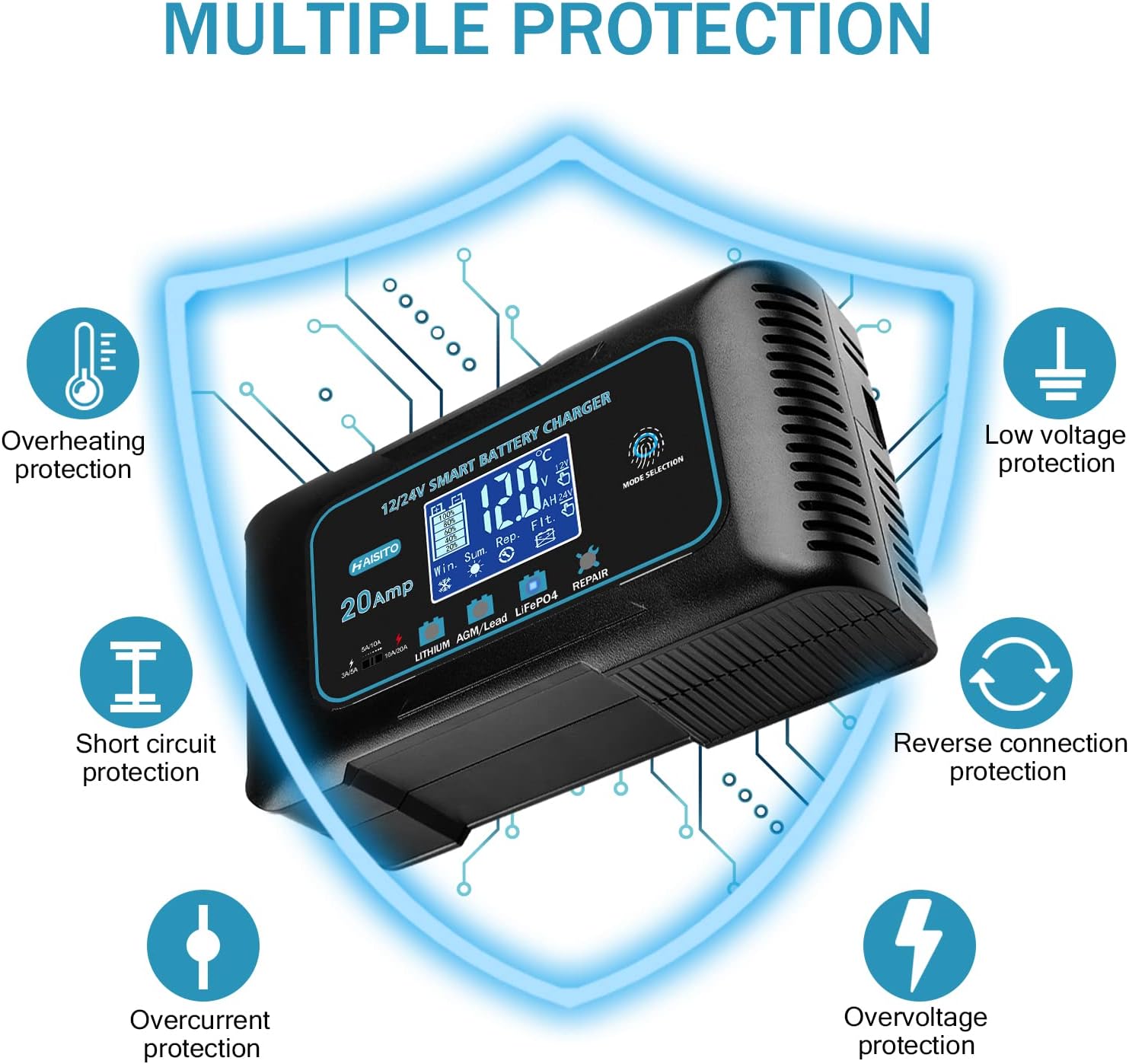 Thumbnail 5 de Haisito 20-Amp Smart Battery Charger (12V/24V) with LiFePO4 & Lead-Acid Support