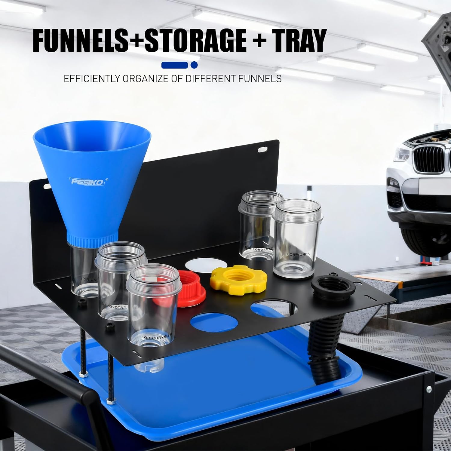Detalle de PESIKO Engine Oil Funnel Kit: No Spill, Hands-Free Oil Change with 9 Adapters and Metal Storage Shelf