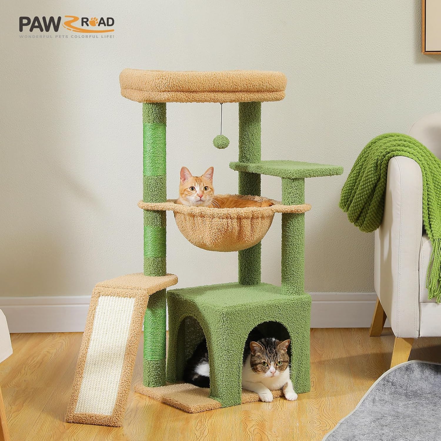 Detalle 2 de PAWZ Road Cactus Cat Tree for Indoor Cats – 90cm with Large Condo, Hammock & Perch