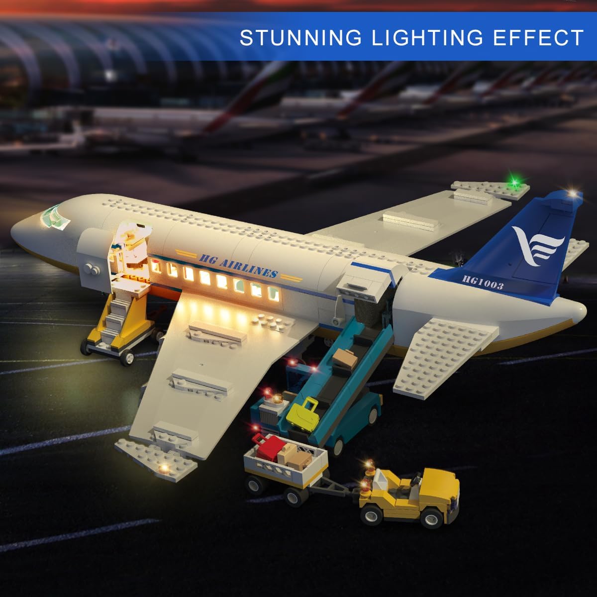 Detalle de CUBIMANA 901PCS Flughafen Bauspielzeug – Großes City Passagierflugzeug mit LED-Beleuchtung, Terminal, Turm und Gepäckwagen