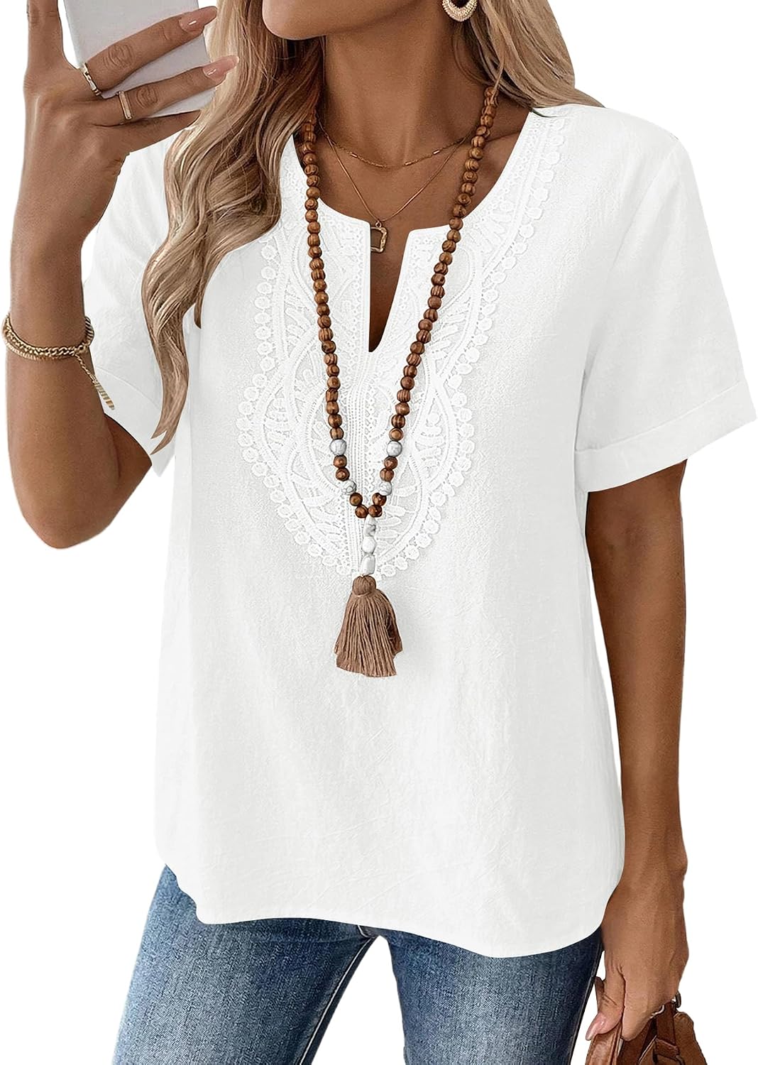 Detalle de Rapbin Women's Short Sleeve Cotton-Linen Lace V-Neck Tunic Top