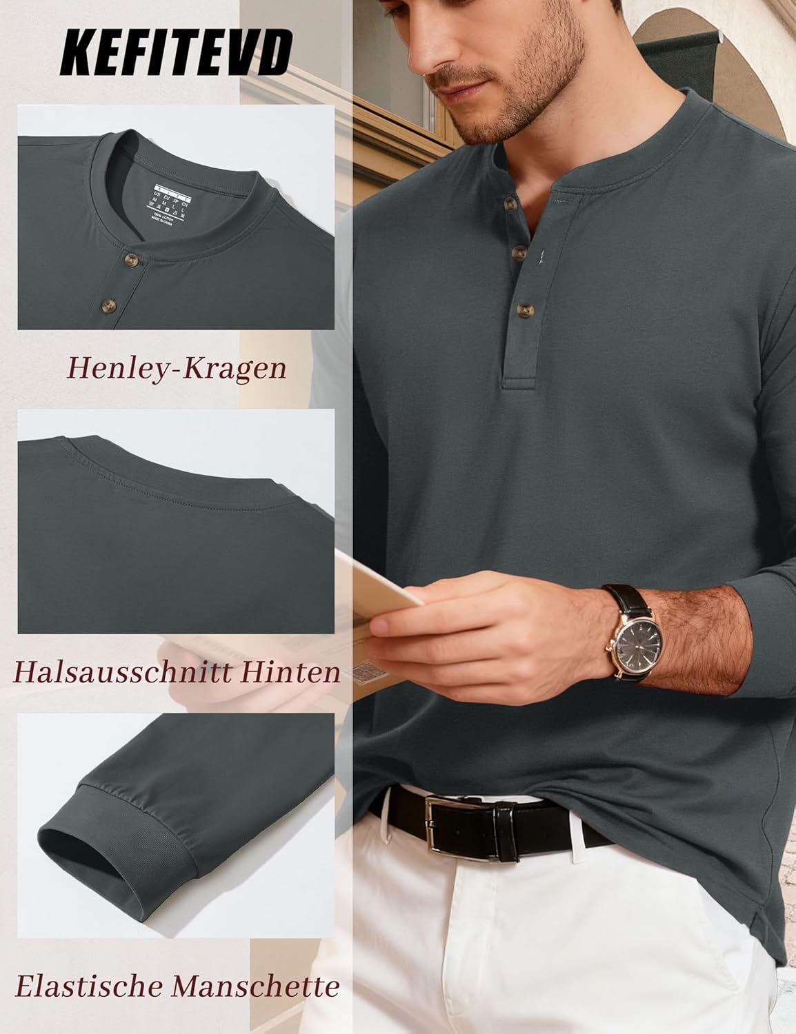 Detalle de KEFITEVD Henley Shirt Herren Langarm aus Baumwolle – Basic mit Henley-Kragen