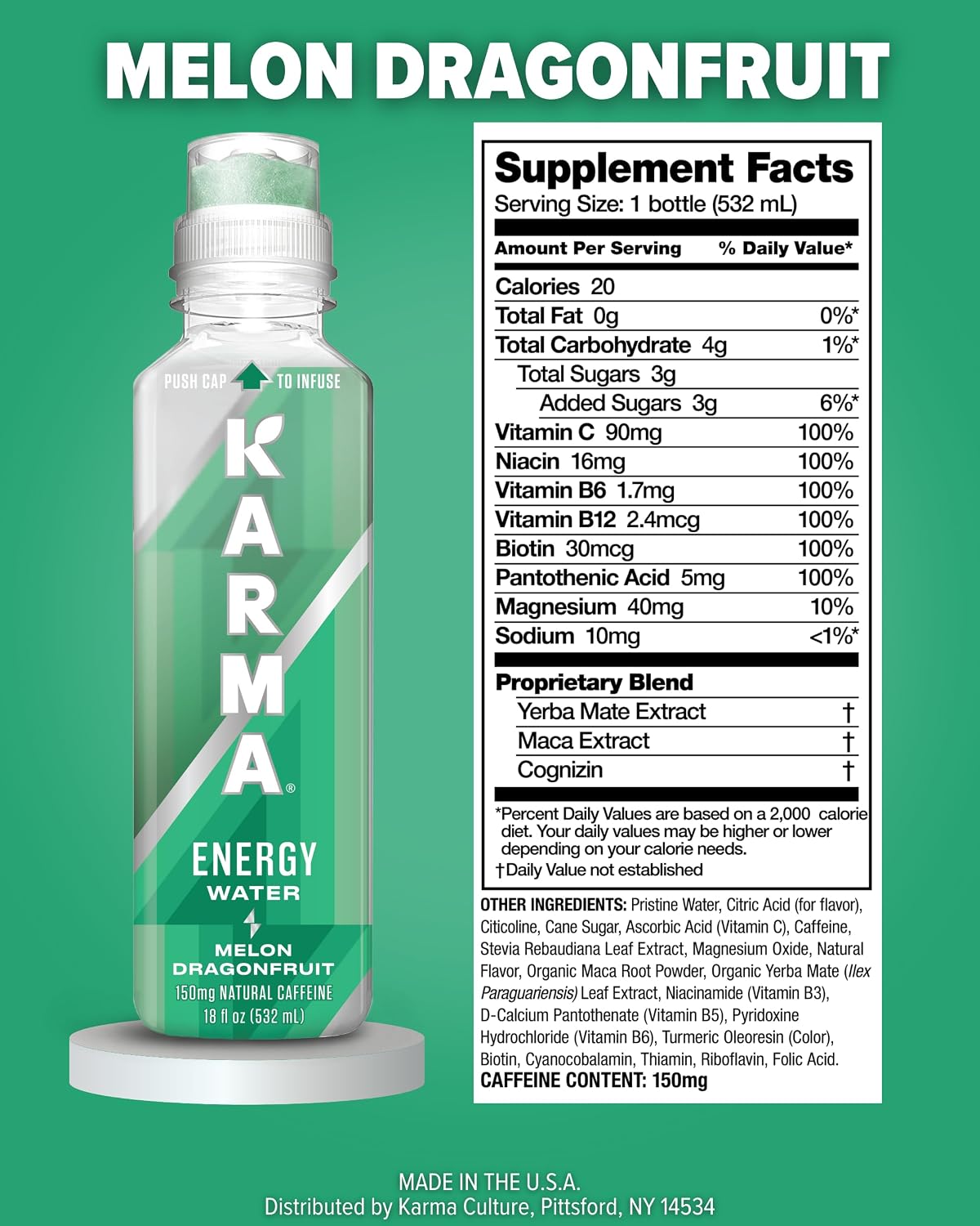 Detalle de Karma Energy Melon Dragonfruit Caffeinated Water, 12-Pack, 150mg Caffeine