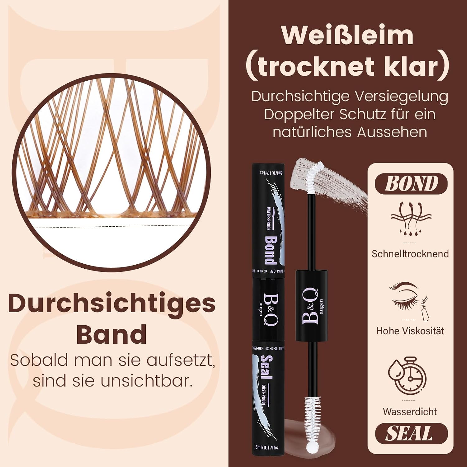 Detalle de B&Qaugen Lashes Extension Set Wispy Braun – Natürlicher Look mit Brownbraune Cluster-Lashes (8–16 mm) und Bond & Seal