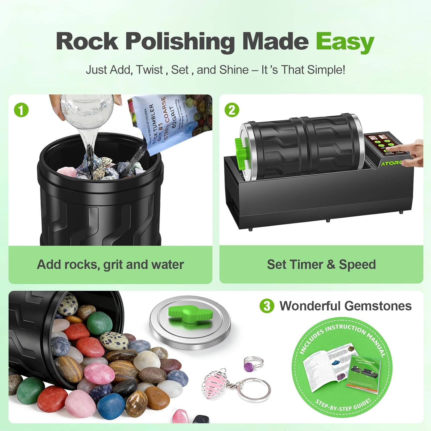 Detalle 2 de AtoRock A1 Pro Brushless Rock Tumbler Kit — Double Barrel, 8LB Capacity