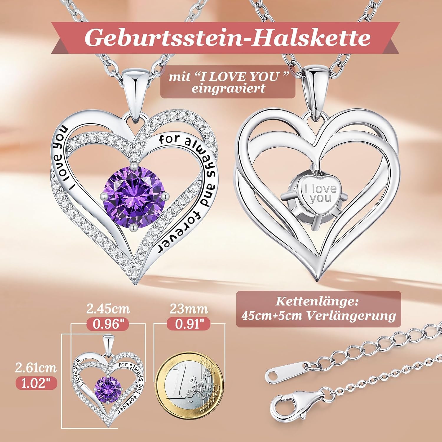 Thumbnail 4 de CDE Damen-Halskette mit Herz-Anhänger – 925 Silber oder Messing, mit Zirkonia & Geburtsstein-Farben