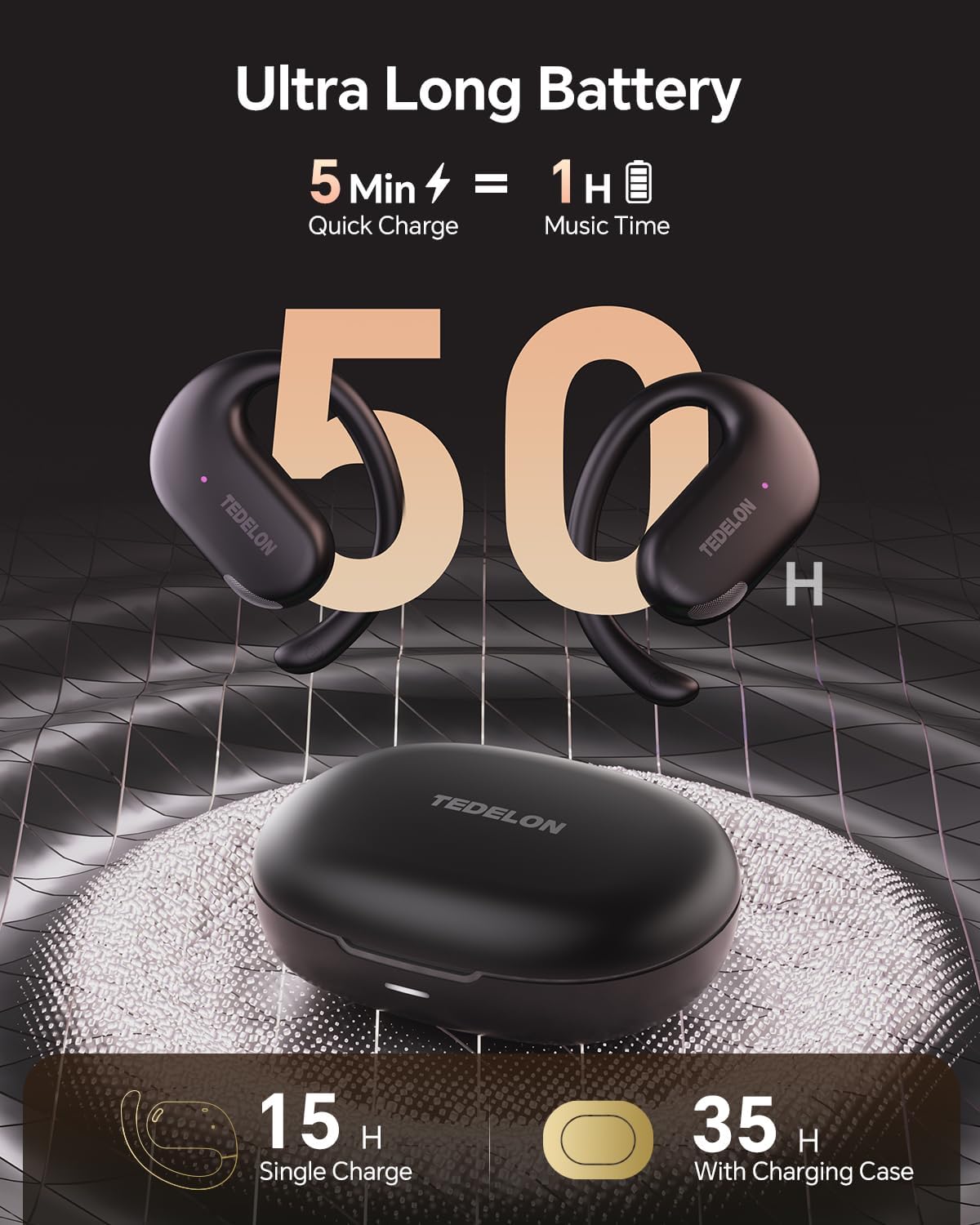 Thumbnail 2 de TEDELON Open Ear Earbuds (Bluetooth 5.4) with 50H Battery, IPX6, Adjustable Ear Hooks