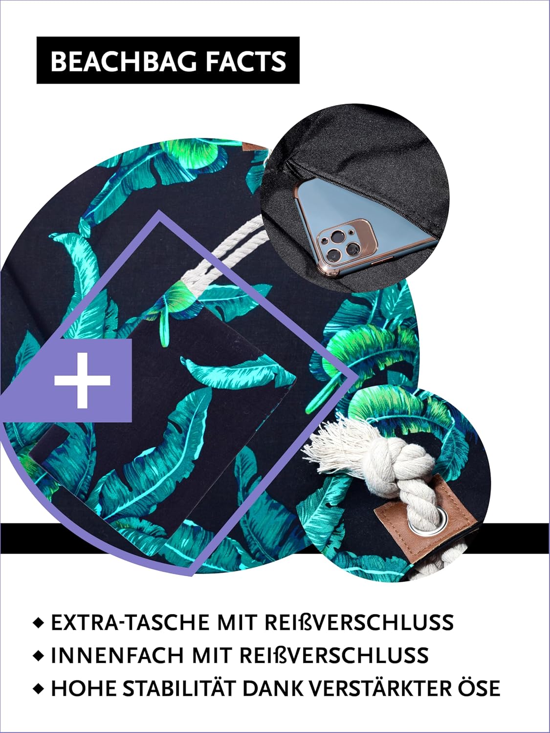 Detalle de DonDon Strandtasche XXL mit Reißverschluss – Umhängetasche Damen, Beach Bag im großen Format