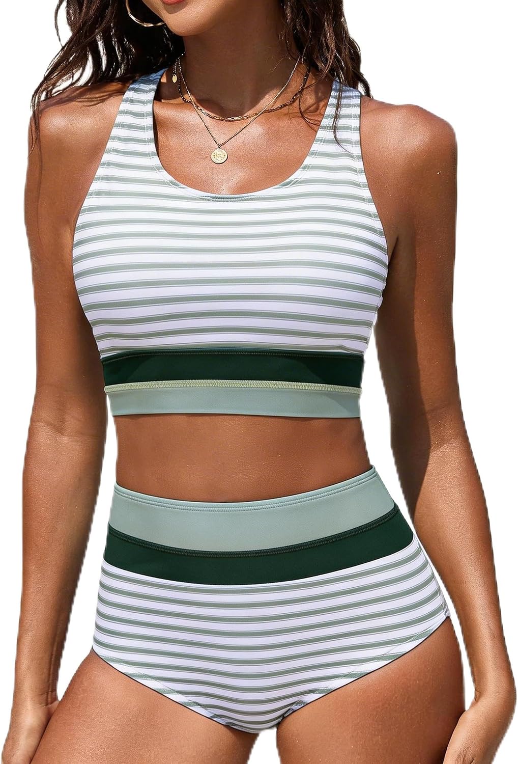 Detalle de Dipopinon Women’s High Waisted Bikini Set (Two-Piece) — Color Block Sporty Swimsuit with Moderate Coverage