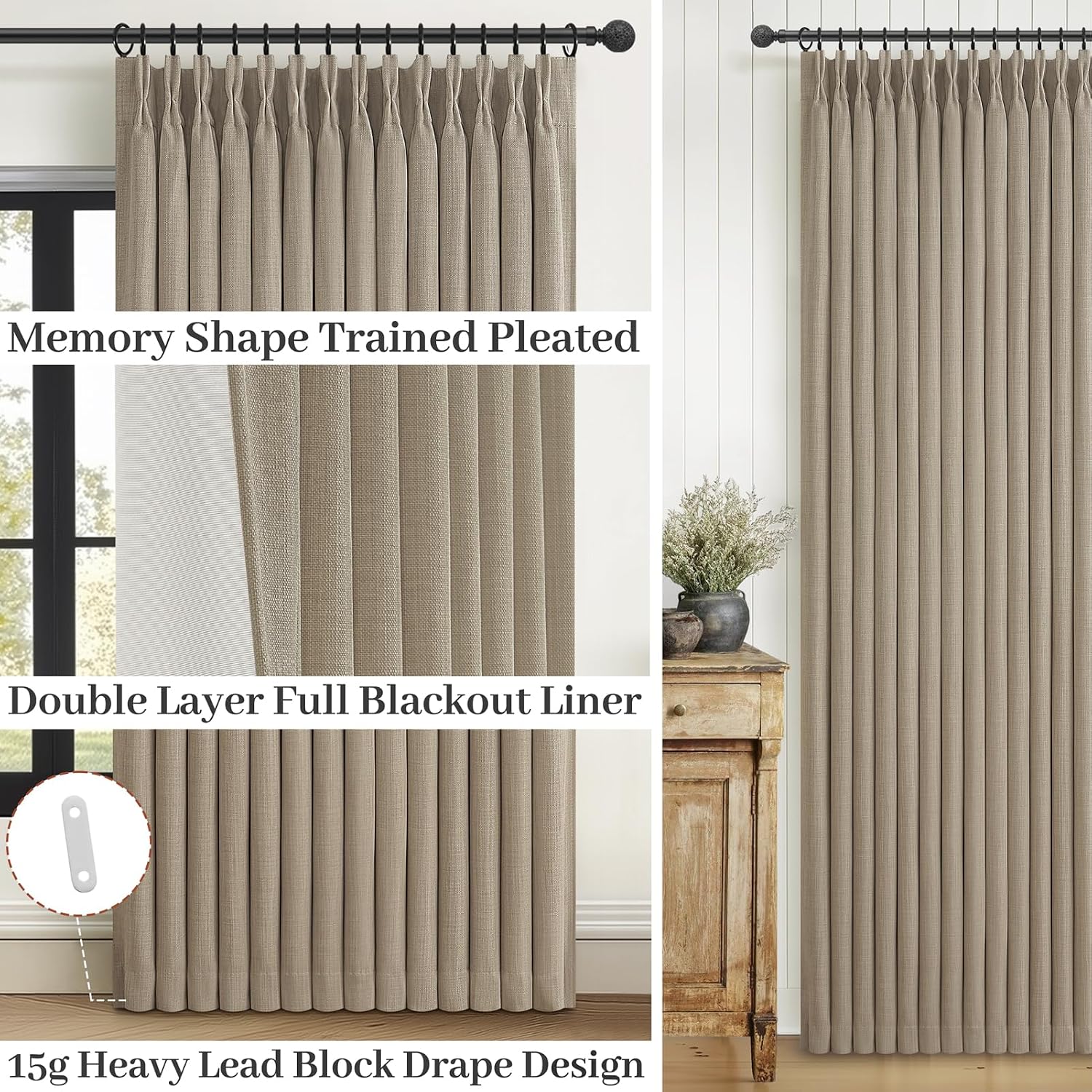 Detalle de Unique Black Out Thick Linen Privacy Curtains 105 Inches Long, 2 Panel Set